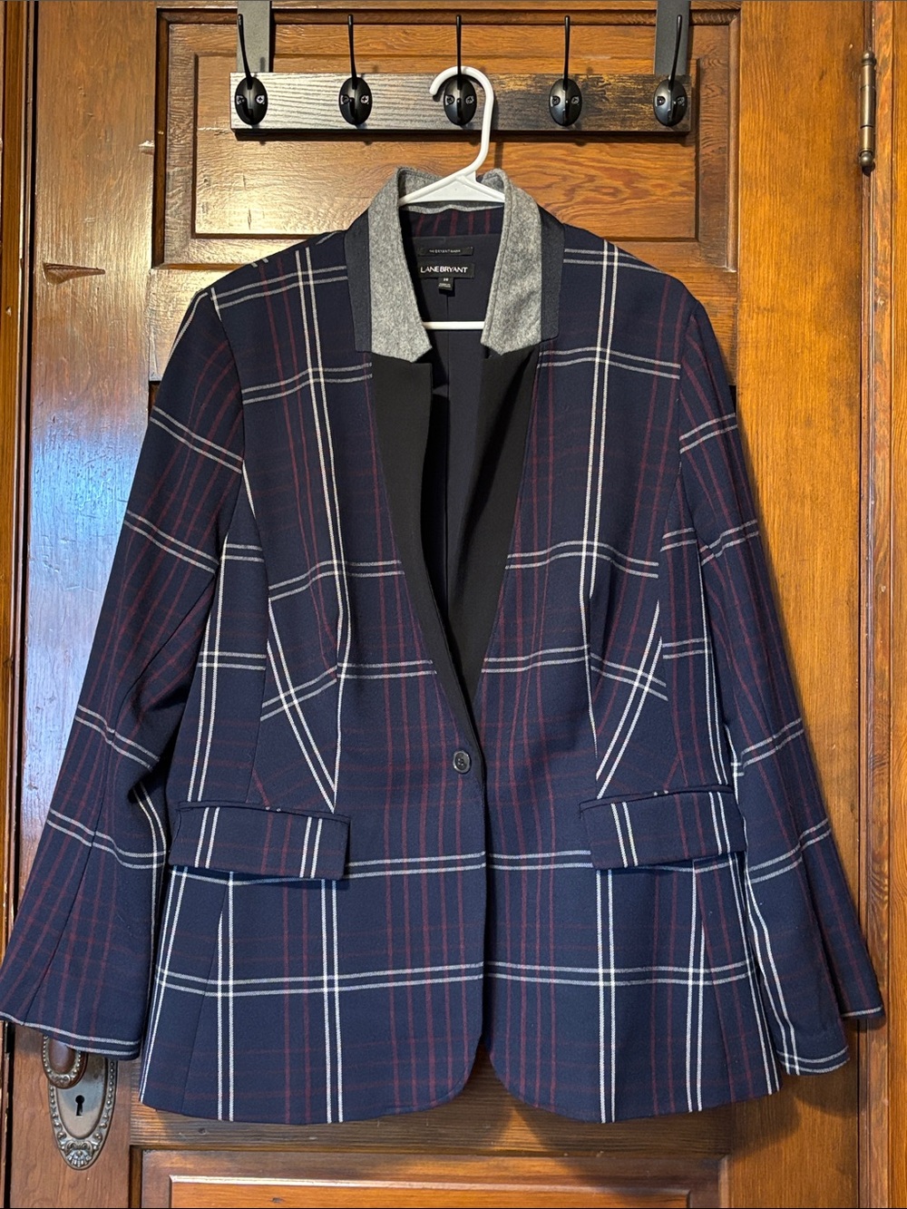 Lane Bryant Navy and Burgundy Plaid Blazer with Gray Trim